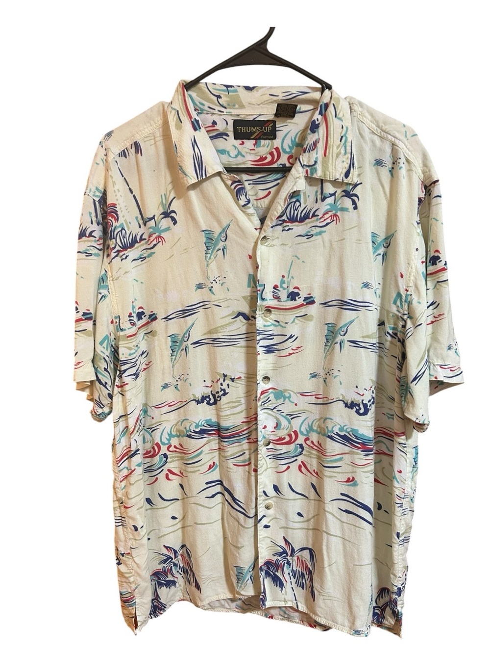 Vintage Thums Up Cream Tropical Button-Up Hawaiian Shirt large